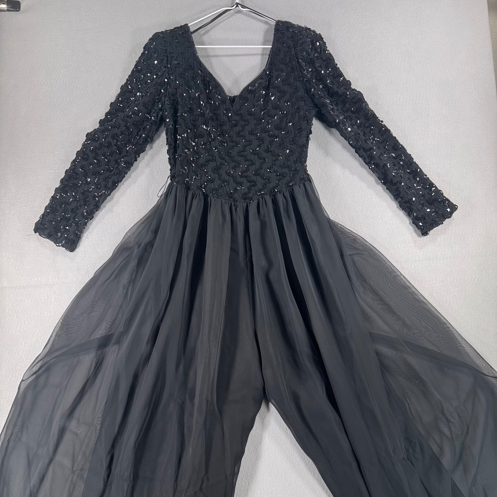 Vintage Dave & Johnny Black Sequined Long Sleeve Wide Leg Jumpsuit USA Made S